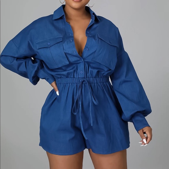 Long Sleeve Denim Romper with Pockets and Elastic Tie Waist XL - Picture 2 of 7